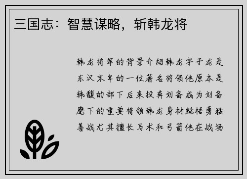 三国志：智慧谋略，斩韩龙将